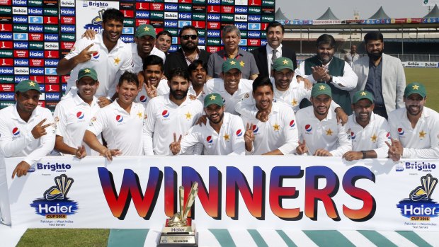 Pakistan celebrate the series win, despite losing the third Test to the Windies