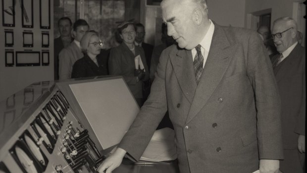 Prime Minister Robert Menzies opens Guthega Power Station, part of the Snowy River Scheme, on April 23, 1955.

