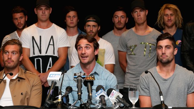 October hearing: Jobe Watson and Essendon teammates at a press conference after  they were cleared by the AFL Anti-Doping Tribunal in March.