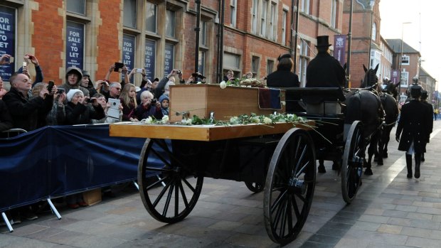 The coffin containing the remains of King Richard III transported on a gun carriage through Leicester on Sunday. 