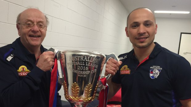 Bulldogs club doctor Jake Landsberger with Denis Bicer after last year's grand final.