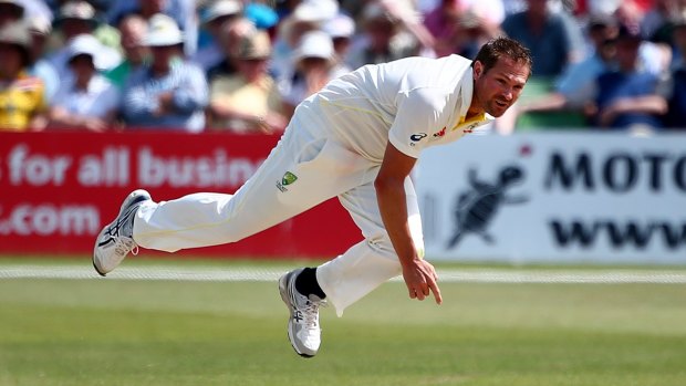 More injury problems: Australia's Ryan Harris lets fly against Kent.
