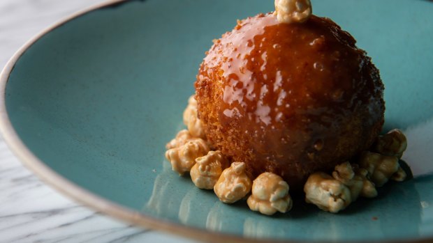 Duo Duo salted caramel deep-fried ice cream with popcorn.