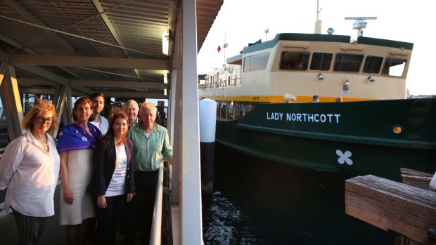 Annie Herron (left), mayor of Mosman Carolyn Corrigan, Alex Beech, Freya Boughton, Henry Herron and artist Peter Kingston at Taronga Zoo Wharf, Mosman. 