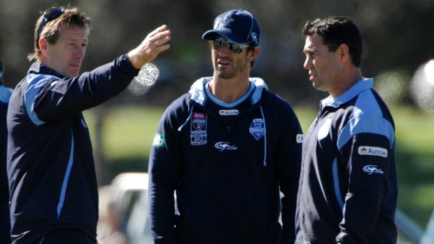 Talking tactics: NSW State of Origin coach Craig Bellamy, Andrew Johns and Shane Flanagan at training in 2010.