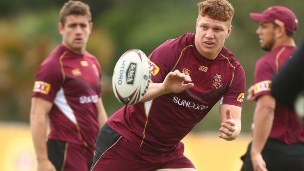 Big shoes: Dylan Napa took on the role of Blues enforcer Andrew Fifita during Queensland training.