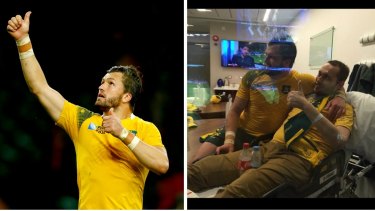 Bucket list: Adam Ashley Cooper after Australia's win over Wales and with Guy Grinham in the corporate box at Twickenham after the Test.