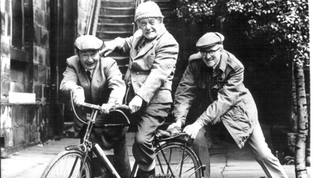 The Last of the Summer Wine on set: From left, Clegg, Compo and Foggy (Peter Sallis, Bill Owen and Brian Wilde), 1982.