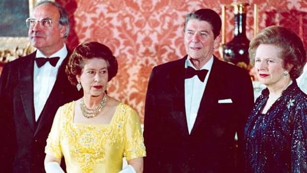 Then West German Chancellor Helmut Kohl, Queen Elizabeth II, then US President Ronald Reagan and Britain's Prime Minister Margaret Thatcher at Buckingham Palace in 1984.