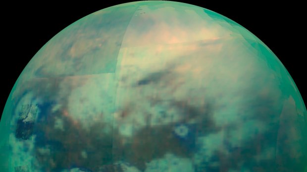 An infrared view of Saturn's moon, Titan, as seen by the Cassini spacecraft. 