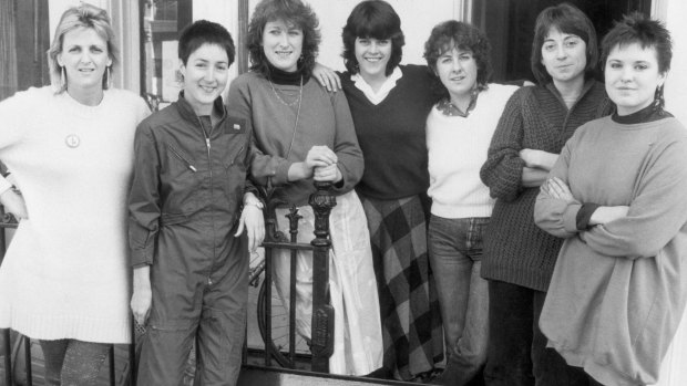 Women at 3RRR-FM, outside Cardigan Street in 1981, from left to right, Jane Clifton,Brenda Kelly, Margot ONeill, Rosemary Cook, Pam McGarvin, Helen Thomas, and Kristy Grant