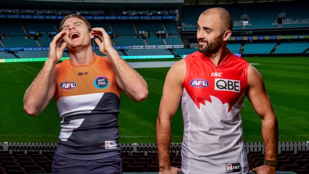 Comedy act: Heath (left) and Rhyce Shaw play up to the media to promote the clash between the Swans and GWS.