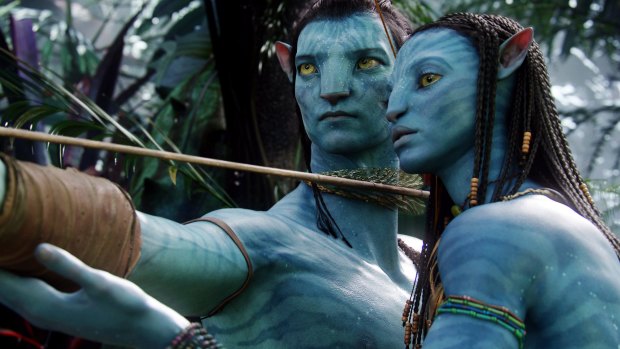 Sam Worthington as Jake and Zoe Saldana as Neytiri in the 2009 blockbuster <em>Avatar</em>.