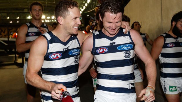 Dqangerwood no more? Joel Selwood (left) and Patrick Dangerfield formed a lethal midfield combination in 2016. 