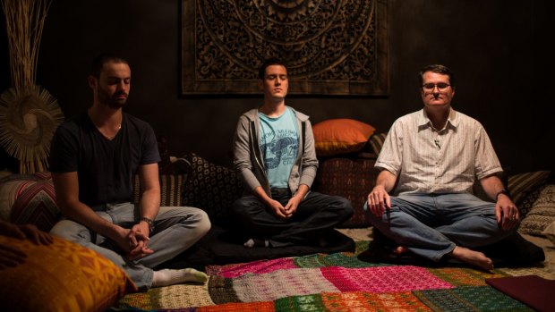 Alex lancovici, Diego Montejo and James Worsley in a group meditation at Google's offices. 