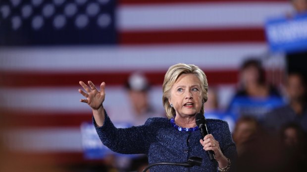 Hillary Clinton at a rally at Theodore Roosevelt High School in Des Moines, Iowa.