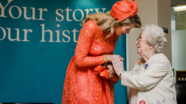 Dutch Queen Maxima meets Dutch migrant Petronella Wensing at the National Archives of Australia last year. 
