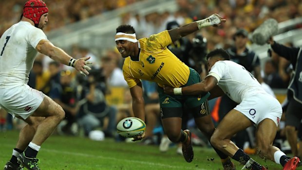 Looking to offload: Wallabies debutant Samu Kerevi.