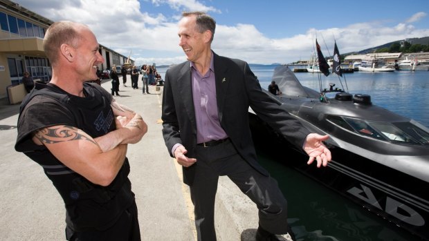 Then Greens leader Senator Bob Brown speaks to Pete Bethune the skipper of the new Sea Shepherd vessel the Ady Gil just before its departure in pursuit of the Japanese whaling fleet in 2009. 