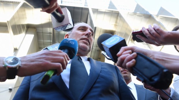 Brian Houston speaks to the media after appearing at the Royal Commission into Institutional Responses to Child Sexual Abuse in October last year.