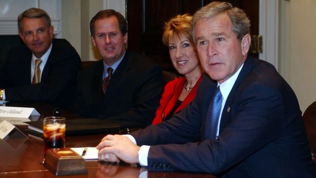 President George W. Bush meets with economic leaders, including Fiorina, the then CEO of Hewlett-Packard, at the White House in 2004. 