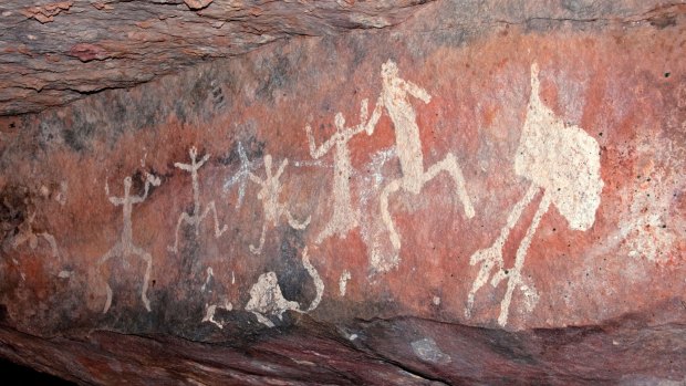 Aboriginal rock art on wall of cave at Gundabooka National Park, north-western NSW.
