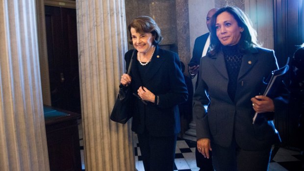Democratic senators Dianne Feinstein, left, and Kamala Harris on Capitol Hill in January 2018. Feinstein unilaterally released a transcript of the Senate Judiciary Committee's interview with Glenn Simpson, co-founder of Fusion GPS.