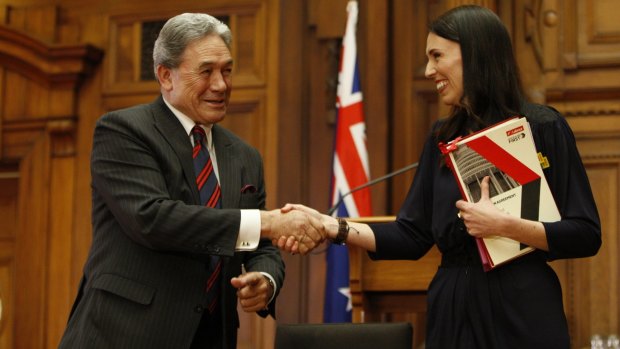 Winston Peters, left, and Jacinda Ardern after signing their coalition agreement on Tuesday. 