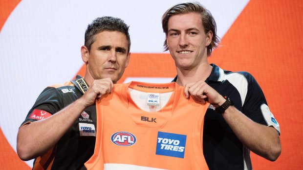 GWS coach Leon Cameron with academy product Will Setterfield who was drafted with pick 5 in 2016.