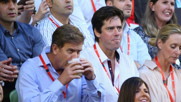 Tim Worner (left) and AFL chief executive Gillon McLachlan at the Australian Open tennis men's final in 2016.