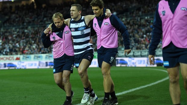 Joel Selwood is escorted from the ground.
