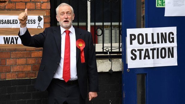 Labour Party leader Jeremy Corbyn casts his vote at a polling station at Pakeman Primary School, London, on June 8.