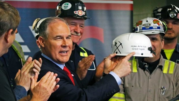 US Environmental Protection Agency administrator Scott Pruitt visits the Consol Pennsylvania Coal Company's Harvey Mine. Pruitt has warned that remaining in the Paris deal would create a major legal obstacle to his efforts to dismantle Obama-era climate change regulations.