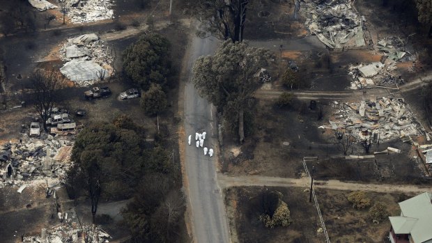 An aerial shot of the devastation in Marysville, two days after Black Saturday.