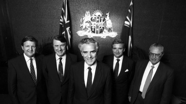Gerald Gleeson (centre), head of the Premier's Department, is flanked at his farewell lunch in 1988 by four NSW premiers whom he served: (left to right) Barrie Unsworth, Neville Wran, Nick Greiner and Sir Eric Willis.