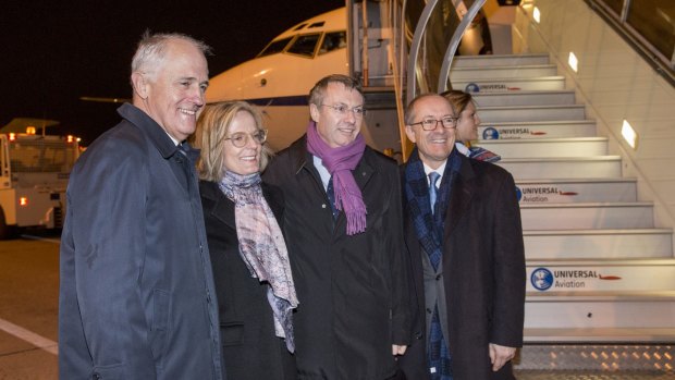 Minister Malcolm Turnbull arrives in Paris ahead of the UN climate conference, accompanied by his wife Lucy and welcomed by Australian ambassador in France Stephen Brady and his partner Peter Stephens.