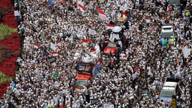 Thousands of people attend a protest against Jakarta governor Basuki Tjahaja Purnama, widely known as Ahok, in December.