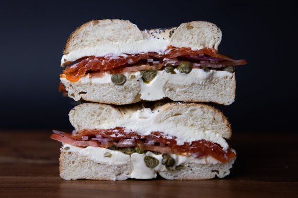 Bagels with lox (smoked trout) from George St Deli, Redfern.