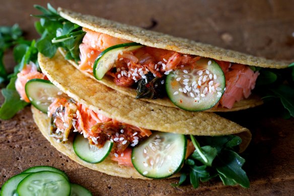 Salmon and kimchi tacos