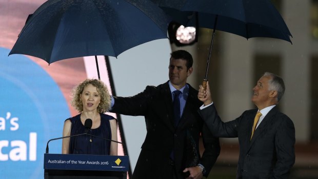 Catherine Keenan with Prime Minister Malcolm Turnbull and Ben Roberts-Smith.