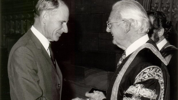Frank Crofts receiving a medal from Sir Herman Black of the University of Sydney in 1968.