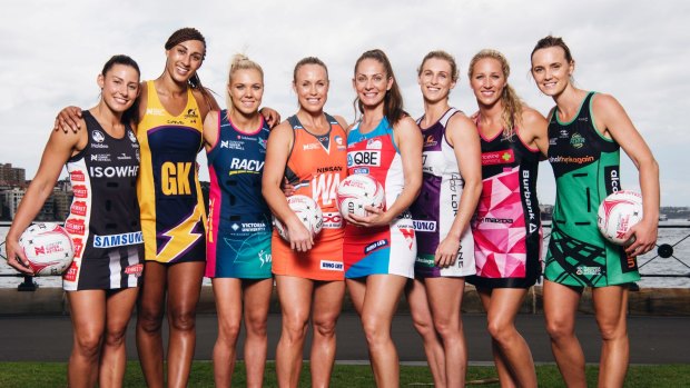 New season: Team captains Collingwood Magpies'  Maddi Robinson, Sunshine Coast Lightning's Geva Mentor, Melbourne Vixens' Kate Maloney, Giants Netball's  Kimberlee Green, NSW Swifts' Abbey McCulloch, Queensland Firebirds' Gabi Simpson, Adelaide Thunderbirds' Erin Bell and West Coast Fever's Nat Medhurst.