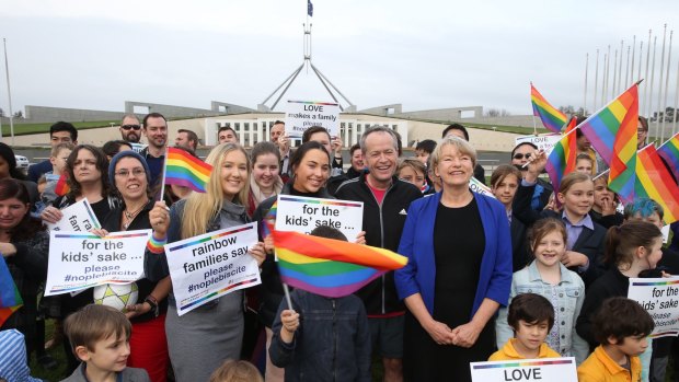 Opposition Leader Bill Shorten joined Greens Senator Janet Rice with Rainbow Families opposed to a plebiscite on same-sex marriage outside Parliament House in Canberra on Tuesday.