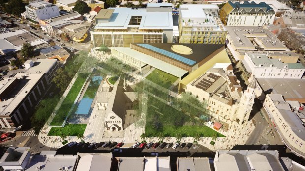 Fremantle City's proposed Kings Square redevelopment, with the Sirona-owned former Myer building behind on the left