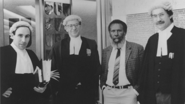The Mabo case legal team: solicitor Greg McIntyre, barrister Ron Castan, Eddie Koiki Mabo and barrister Bryan Keon-Cohen at the High Court in 1991.  