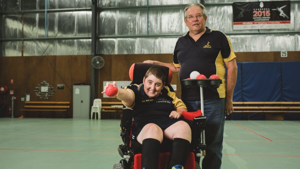 Corena Harrison, who has cerebral palsy, is the captain of the ACT boccia team competing in the Canberra Cup in Tuggeranong this weekend. Her coach Barry Yesberg says she is a fierce competitor.