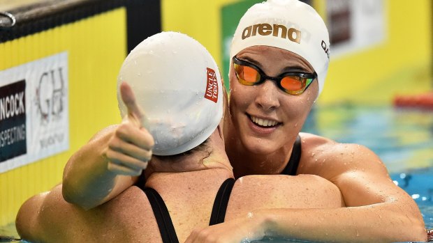One-two: Cate Campbell, left, is congratulated by sister Bronte.