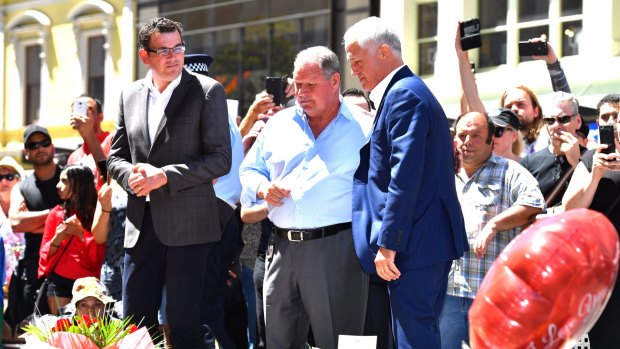 Premier Daniel Andrews (left), lord mayor Robert Doyle and Prime Minister Malcolm Turnbull in the Bourke Street Mall on Sunday.
