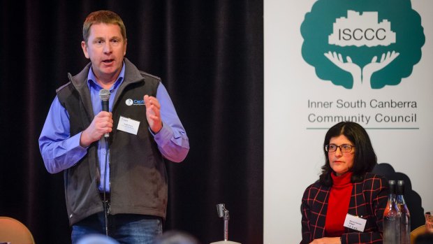 Capital Recycling Solutions director Adam Perry and Inner South Canberra Community Council (ISCCC) chair Marea Fatseas at a community meeting discussing the proposed Fyshwick recycling plant in August. 