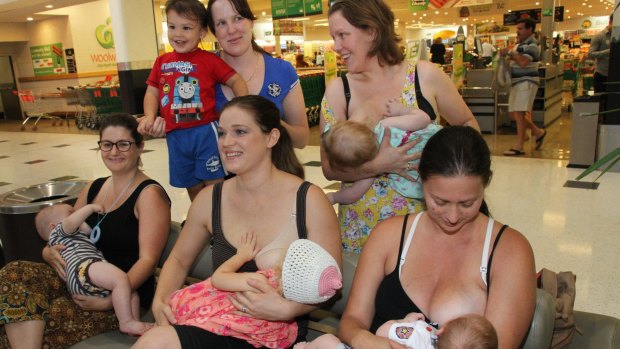 Mums make a statement about their right to breastfeed in public. From left, Carissa Patchett and Sebastian Patchett-Smits of Macleay Island, Nicole and Marlon Siguenza of Holland Park, Rhiannon and Esther Creamer of Tingalpa, Alisha and Gwynevere Wood and Lisa and Kaiden Ward at Capalaba Central Shopping Centre.